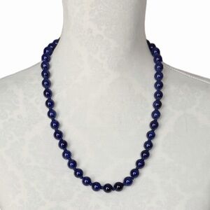 Vintage Royal Blue Chinese Porcelain Bead Necklace w/Decorative Clasp - Knotted